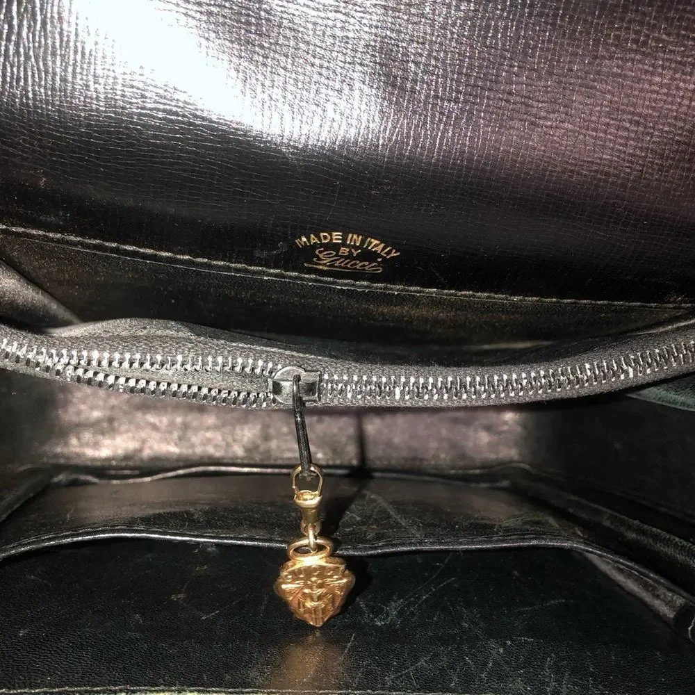Vintage GUCCI Black Lambskin Leather Single Flap Gold Buckle Shoulder Bag